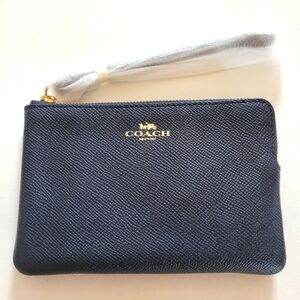 Coach Corner Zip Leather Wristlet Midnight Blue